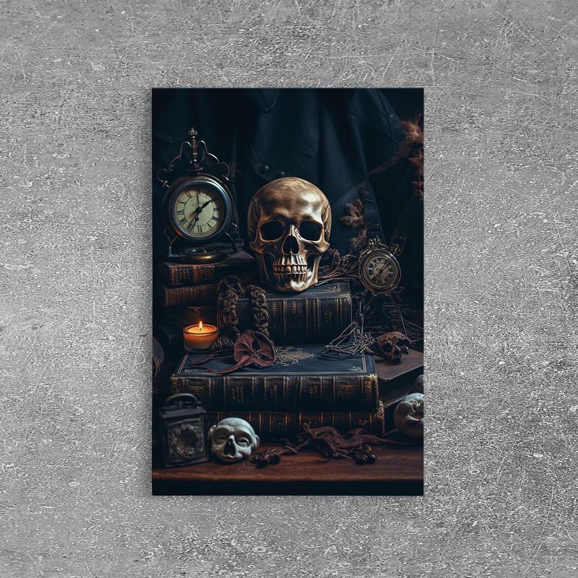 Dark Skull Vanitas Still Life Gothic Antique Clocks Books Candle Moody Wall Art Print - Image 4