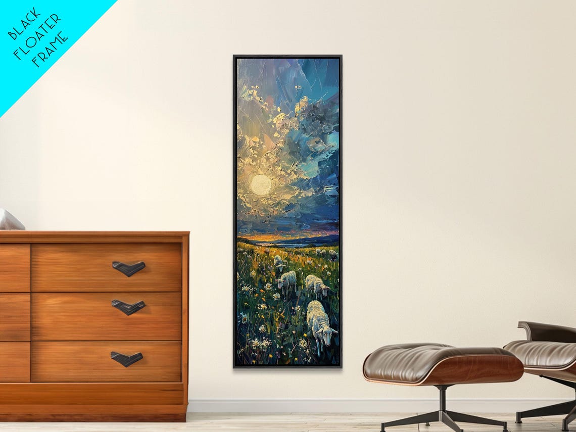 Lambs Grazing In Wildflower Meadow At Sunset Impasto Field Poster