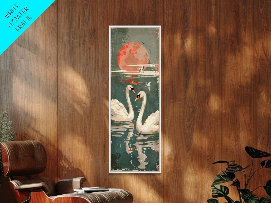 Two White Swans On Lake Beneath Red Sun Vintage Japanese Wall Art