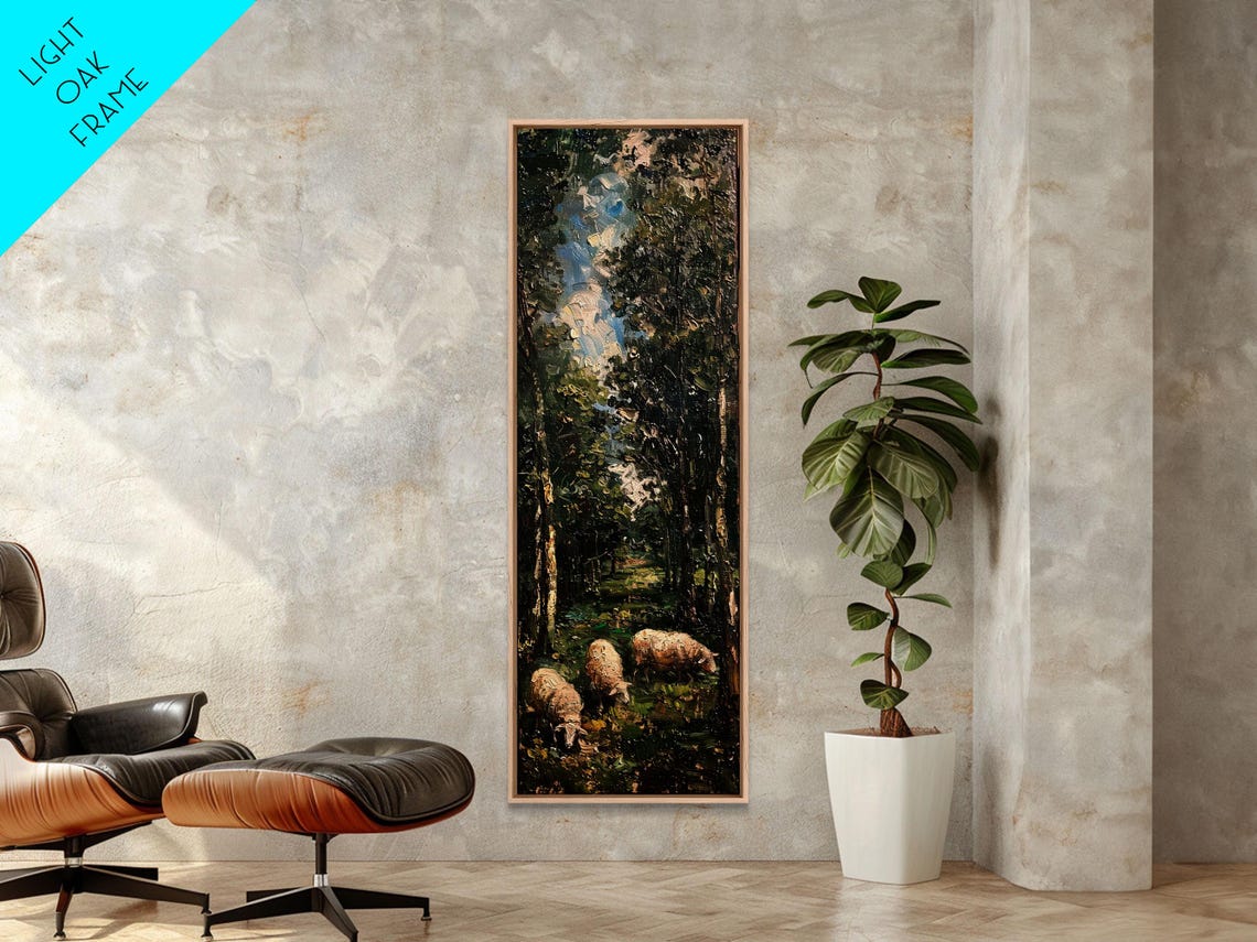 Lambs Grazing In Dark Forest Impasto Oil Painting Sheep Meadow Print - Image 2