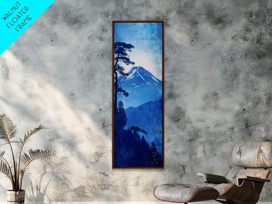 Mount Fuji In Blue Monochrome With Pine Trees Watercolor Travel Poster - Image 2