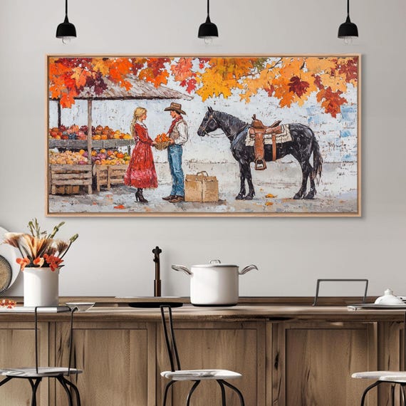 Cute Cowboy Cowgirl Meet At The Market Autumn Landscape Fall Colors Horse Rider Wall Art Rustic Fall Wall Decor Framed Print
