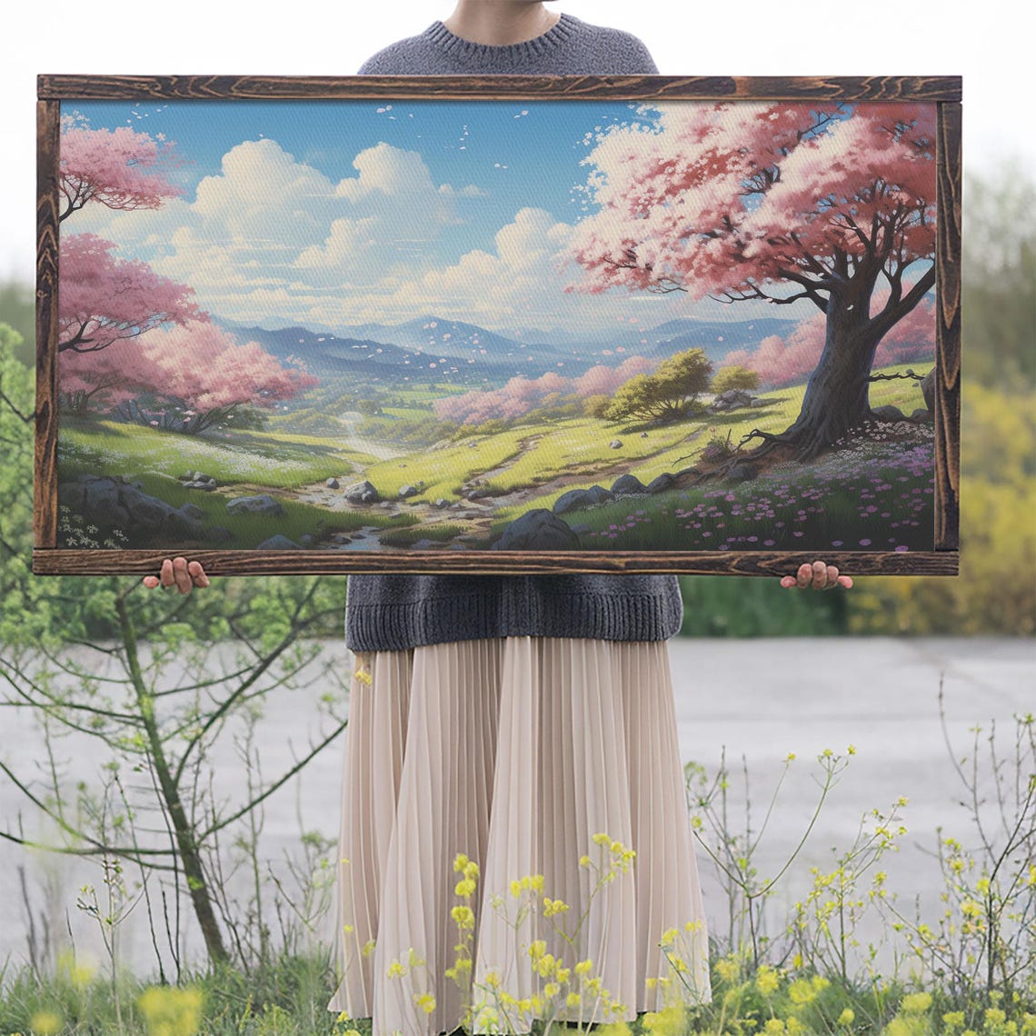 Cherry Blossom Valley Mountain Stream Spring Landscape Art Poster - Image 2