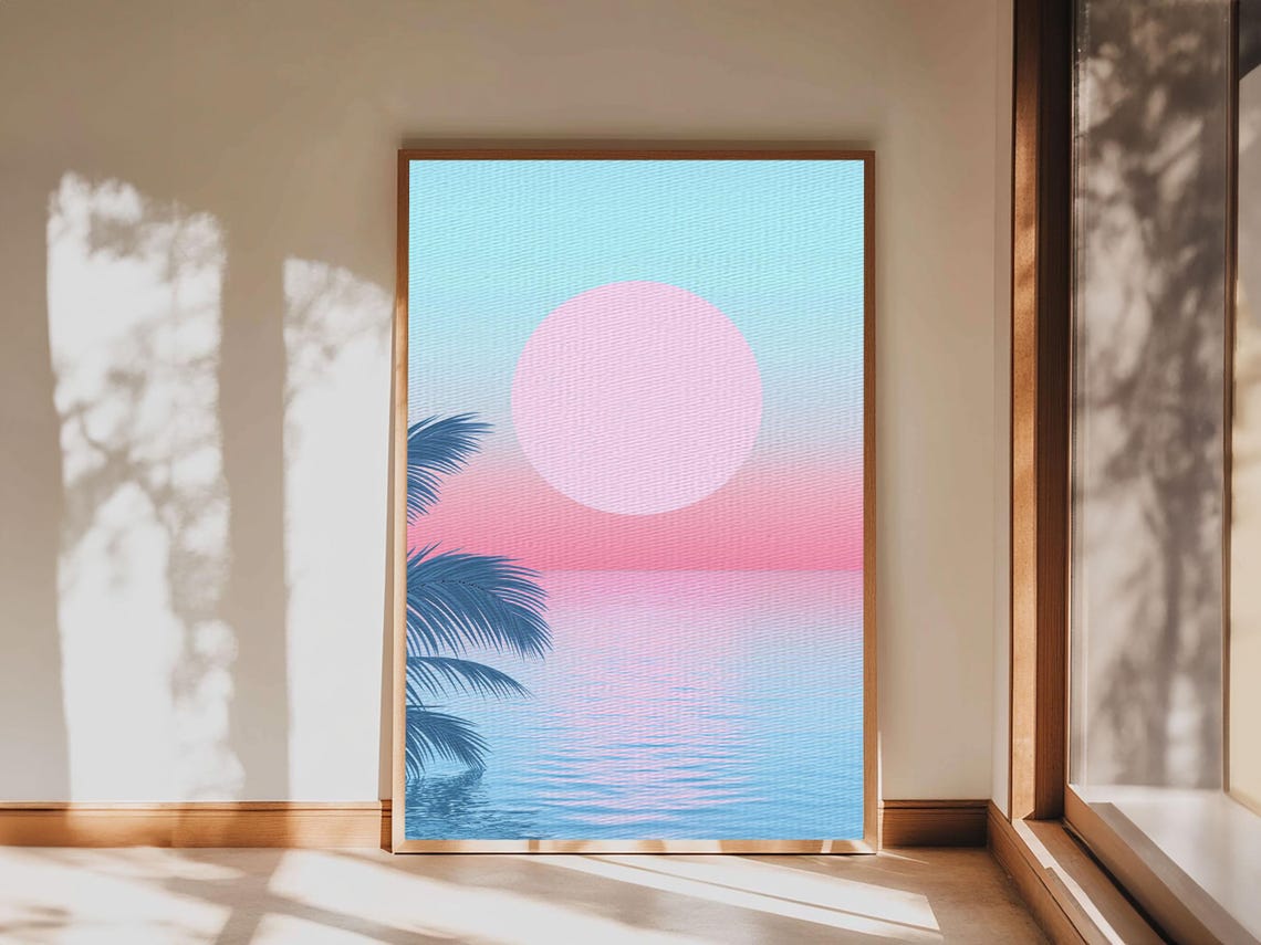 Vaporwave Pastel Sunset Ocean Palm Beach Retro Minimalist Poster