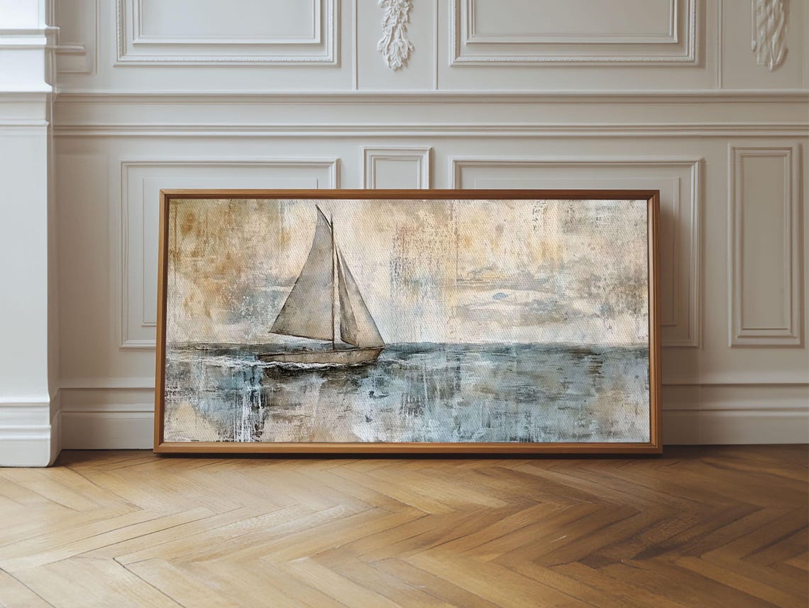 Minimalist Sailboat Calm Sea Neutral Beige Blue Abstract Art Print - Image 4