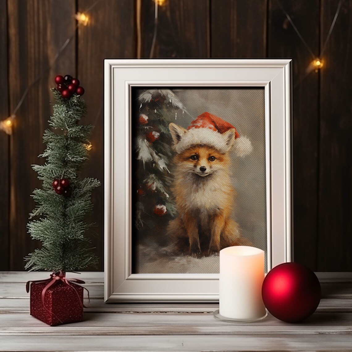 Cute Fox Wearing Santa Hat In Snow Christmas Painting Wall Art Poster - Image 4