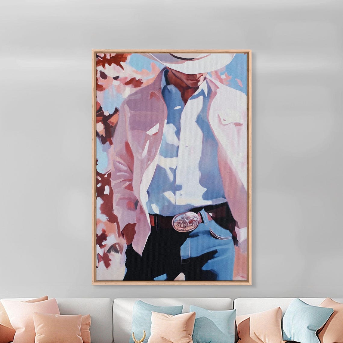 Modern Cowboy Portrait White Hat Pink Jacket Fall Leaves Art Print