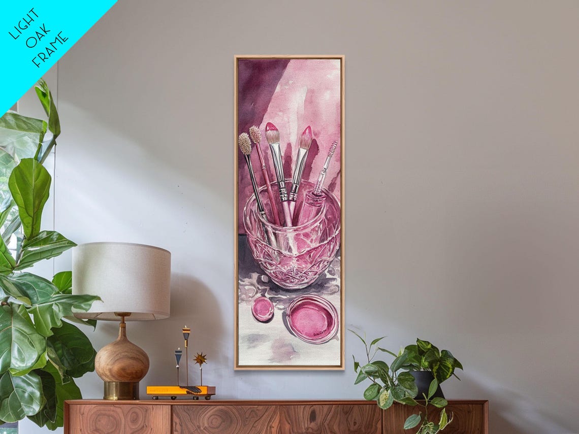 Pink Makeup Brushes Crystal Glass Jar Watercolor Beauty Wall Art - Image 5
