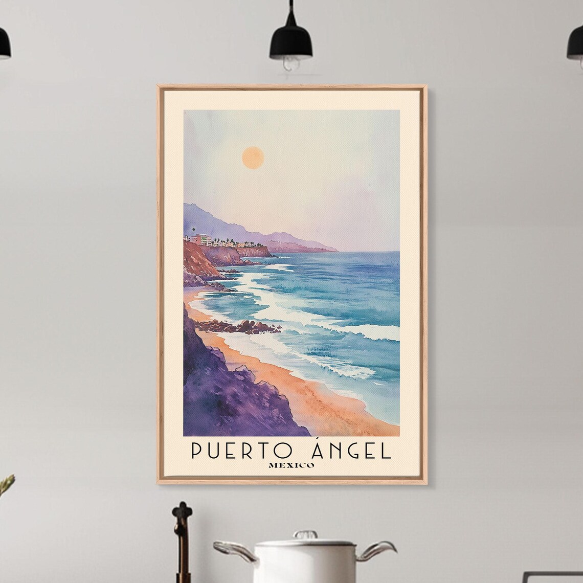 Puerto Angel Mexico Rocky Coastline Sunset Surf Headland Blue Ocean Watercolor Poster - Image 6