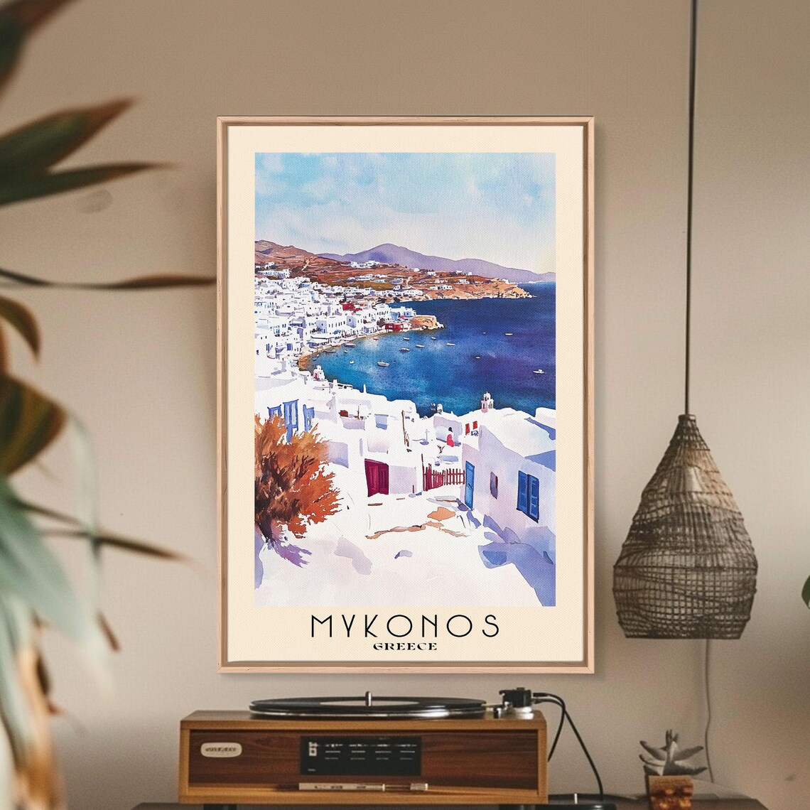 Mykonos Greece White Town Harbor Boats Blue Sea Watercolor Poster - Image 2