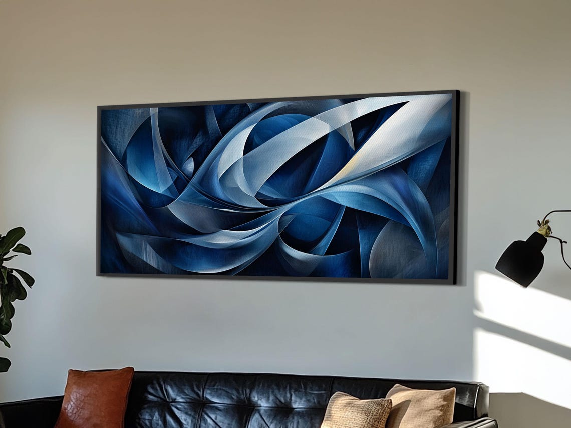 Abstract Blue Swirls Print Geometric Wall Art Horizontal Decor Moody Modern Artwork Gift Idea Living Room Panoramic Art - Image 3