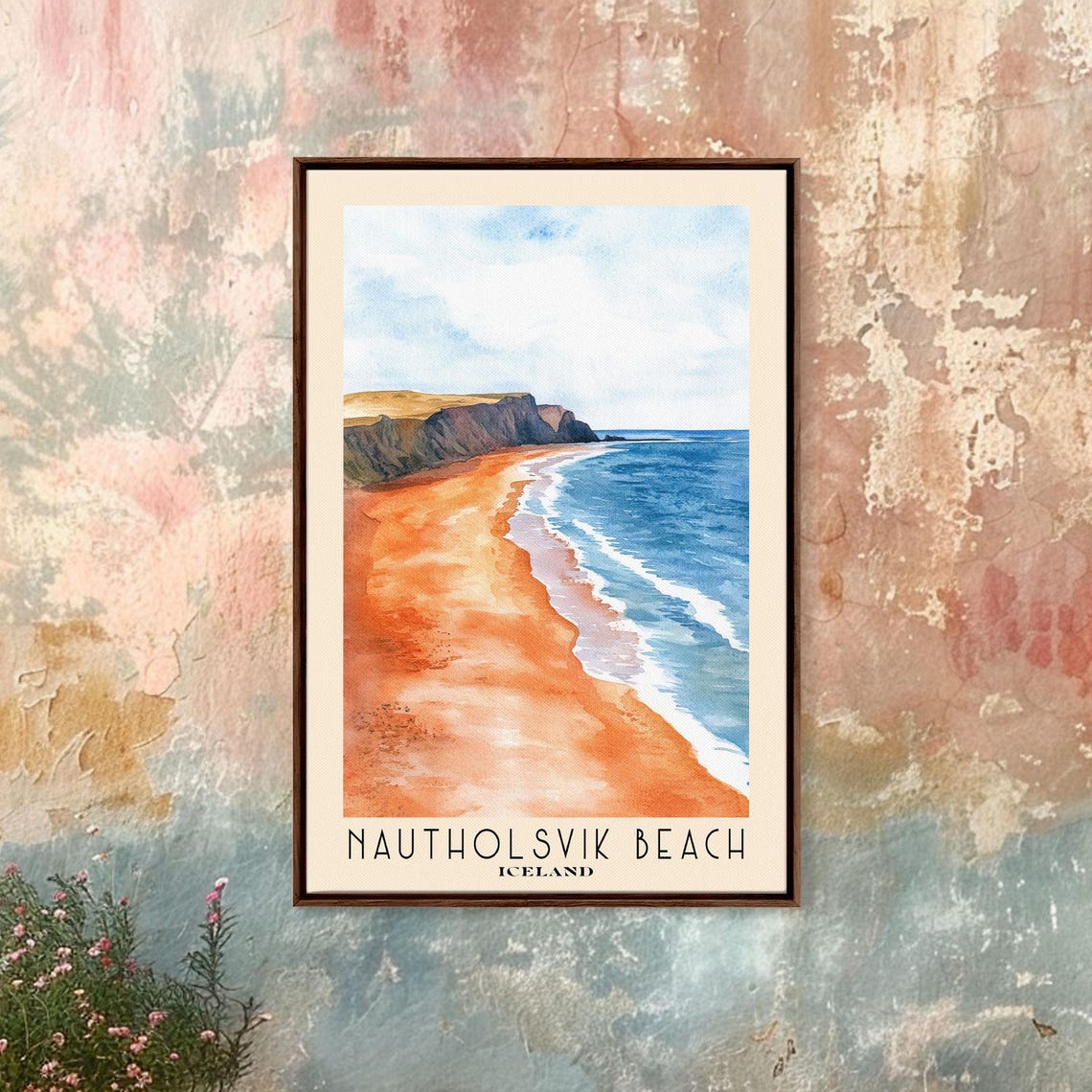 Nautholsvik Beach Iceland Red Volcanic Sand Cliff Watercolor Poster