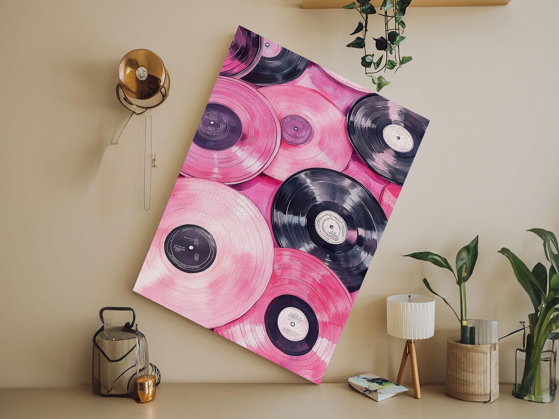 Pink And Purple Vinyl Records Close-Up Retro Music Wall Art Print - Image 5