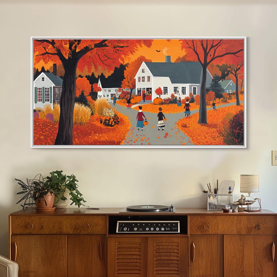 Folk Art Autumn Village Children Pumpkins Orange Trees Fall Poster - Image 5