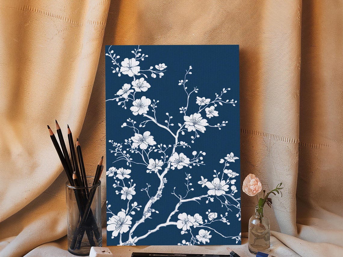White Cherry Blossoms Navy Blue Chinoiserie Botanical Wall Art Poster - Image 6