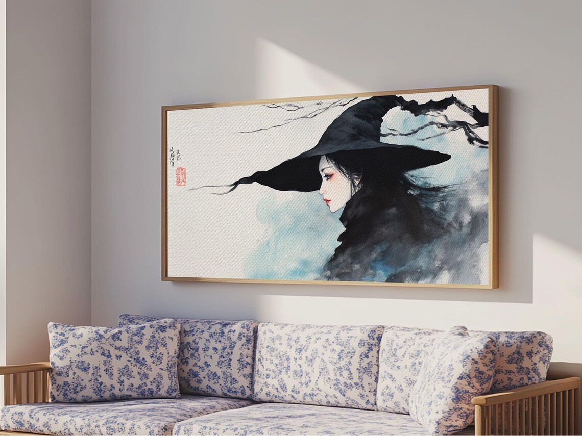 Japanese Witch Portrait Watercolor Ink Wash Bats Wide Brim Hat Artwork Poster - Image 4