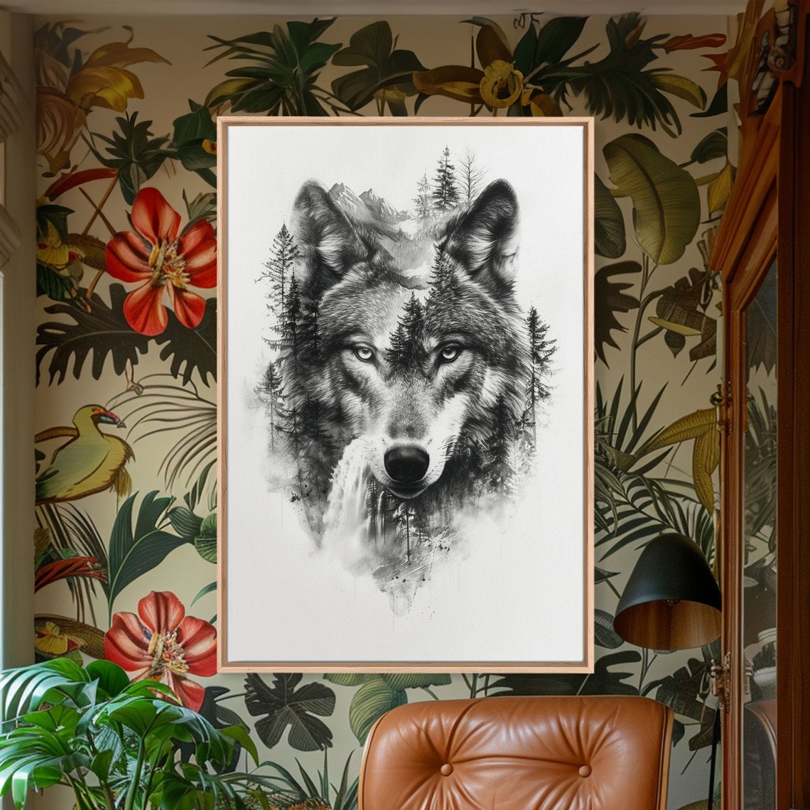 Gray Wolf Forest Mountain Wilderness Double Exposure Sketch Wall Art - Image 5