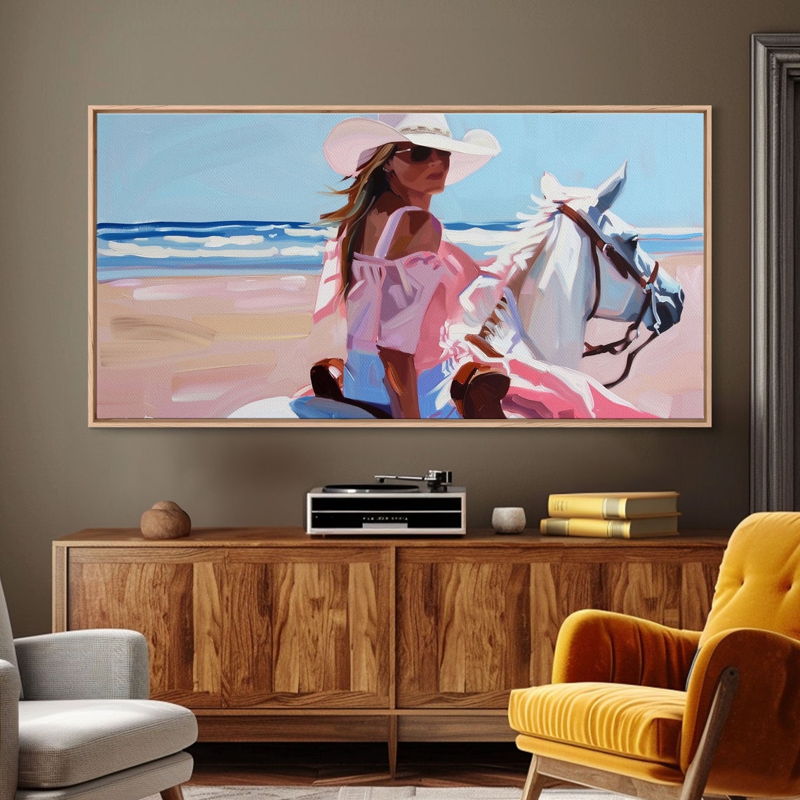 Elegant Cowgirl On Horse By The Shore Beautiful Framed Print Ideal For Coastal Living Room Art Beach Bedroom Decor Horse Wall Art