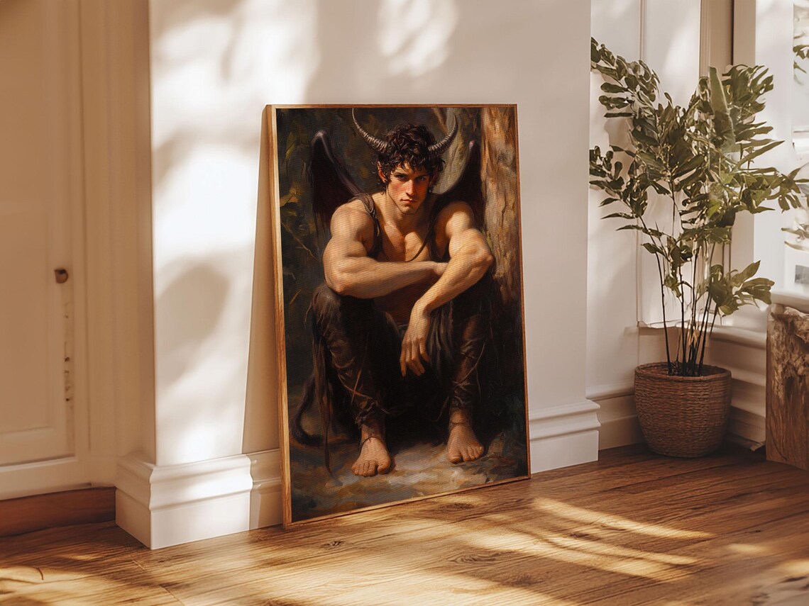 Satyr Young Horned Man Crouching Dark Mythology Classical Oil Art Poster - Image 6