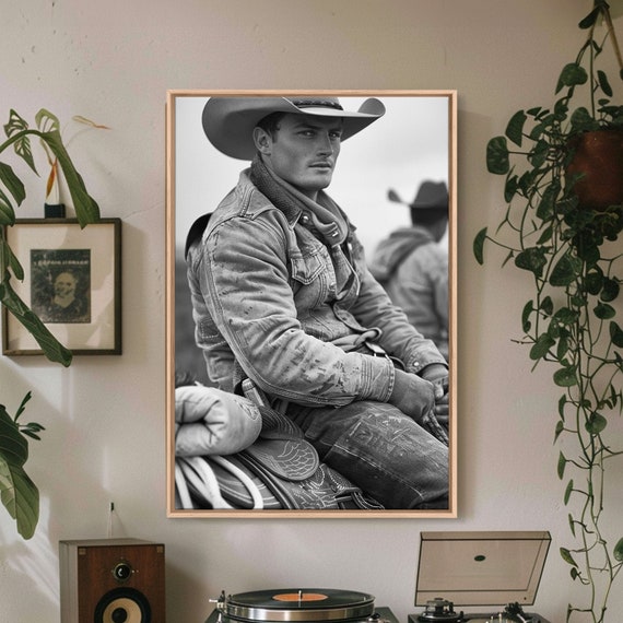 Rugged Cowboy In Weathered Denim Jacket Black And White Photography For Western Wall Art Prints Home Decor Living Room Art