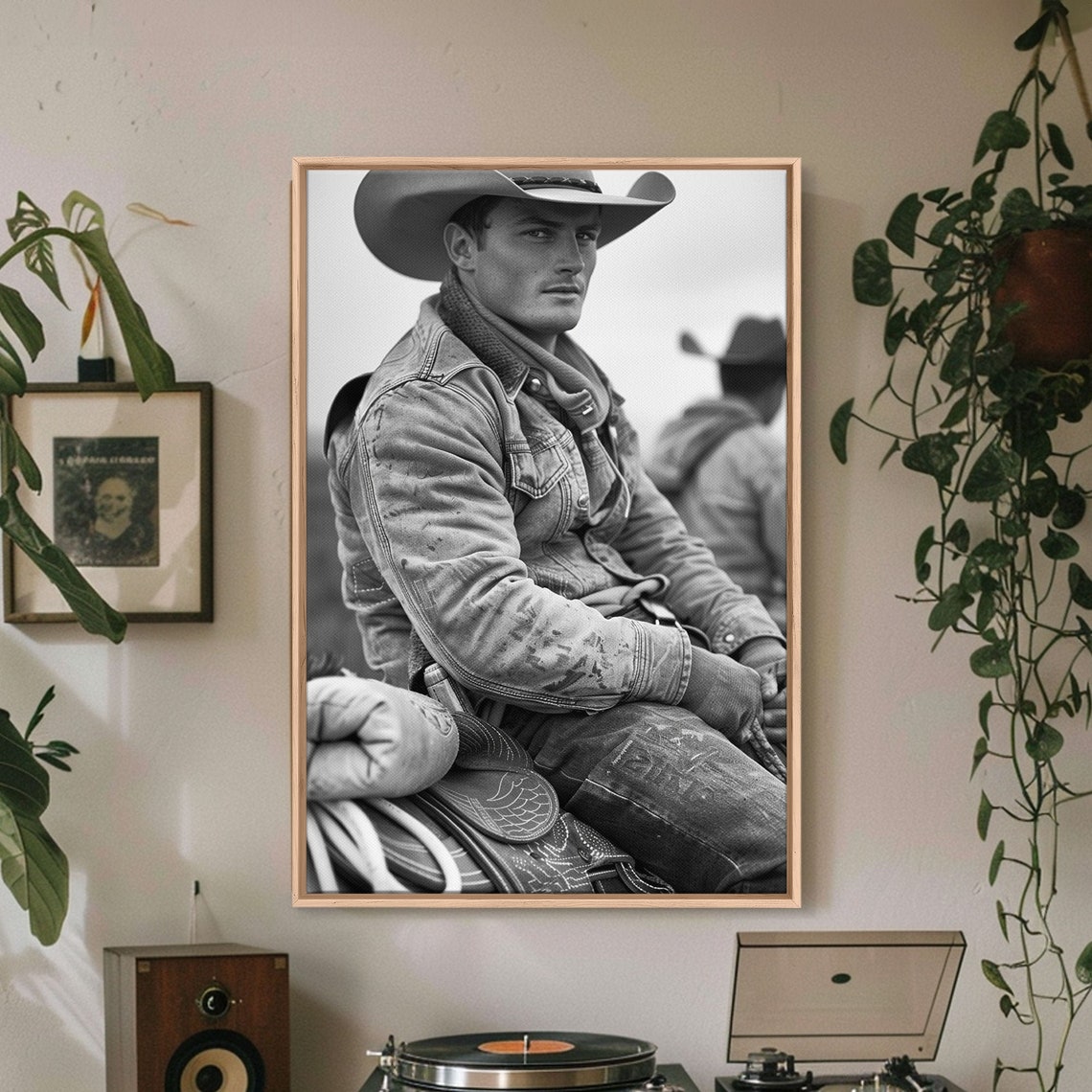 Young Cowboy Denim Jacket Black and White Western Portrait Art Poster