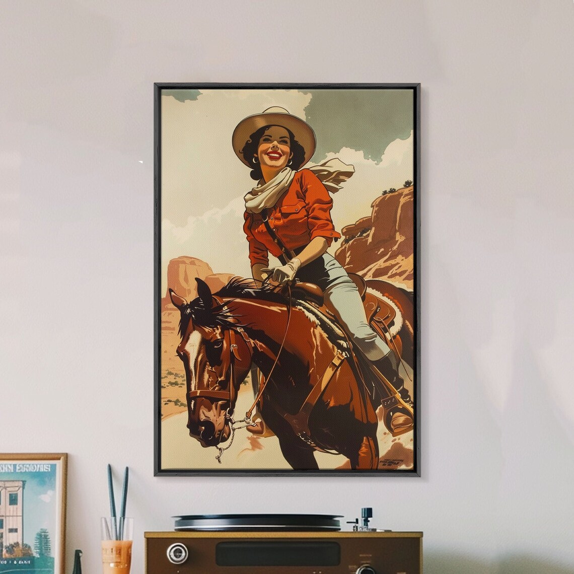 Smiling Cowgirl Riding Horse Through Desert Canyon Retro Poster - Image 5