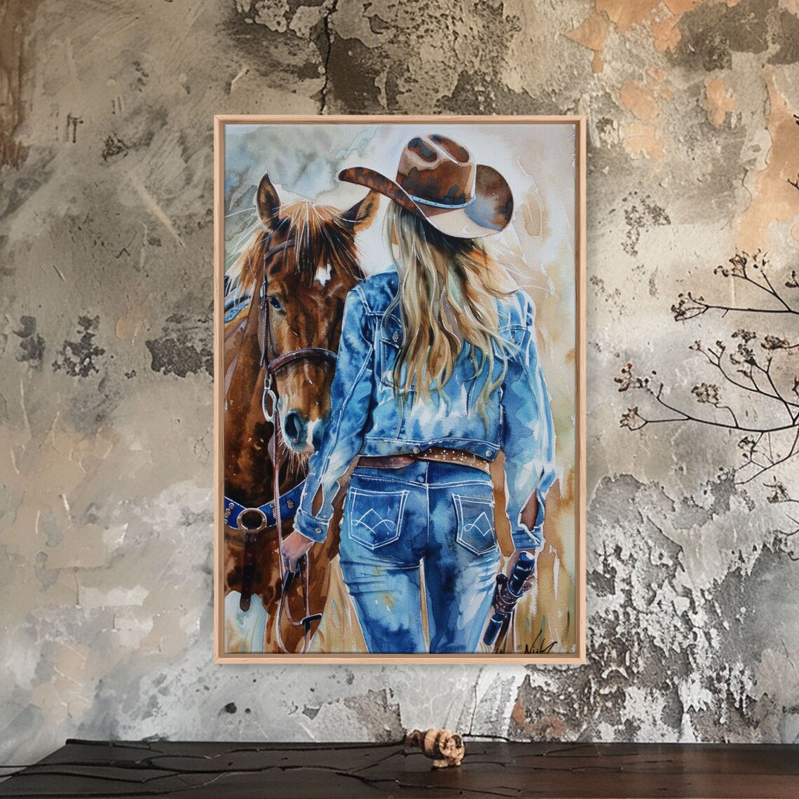 Cowgirl In Denim With Horse Watercolor Western Ranch Life Poster - Image 5