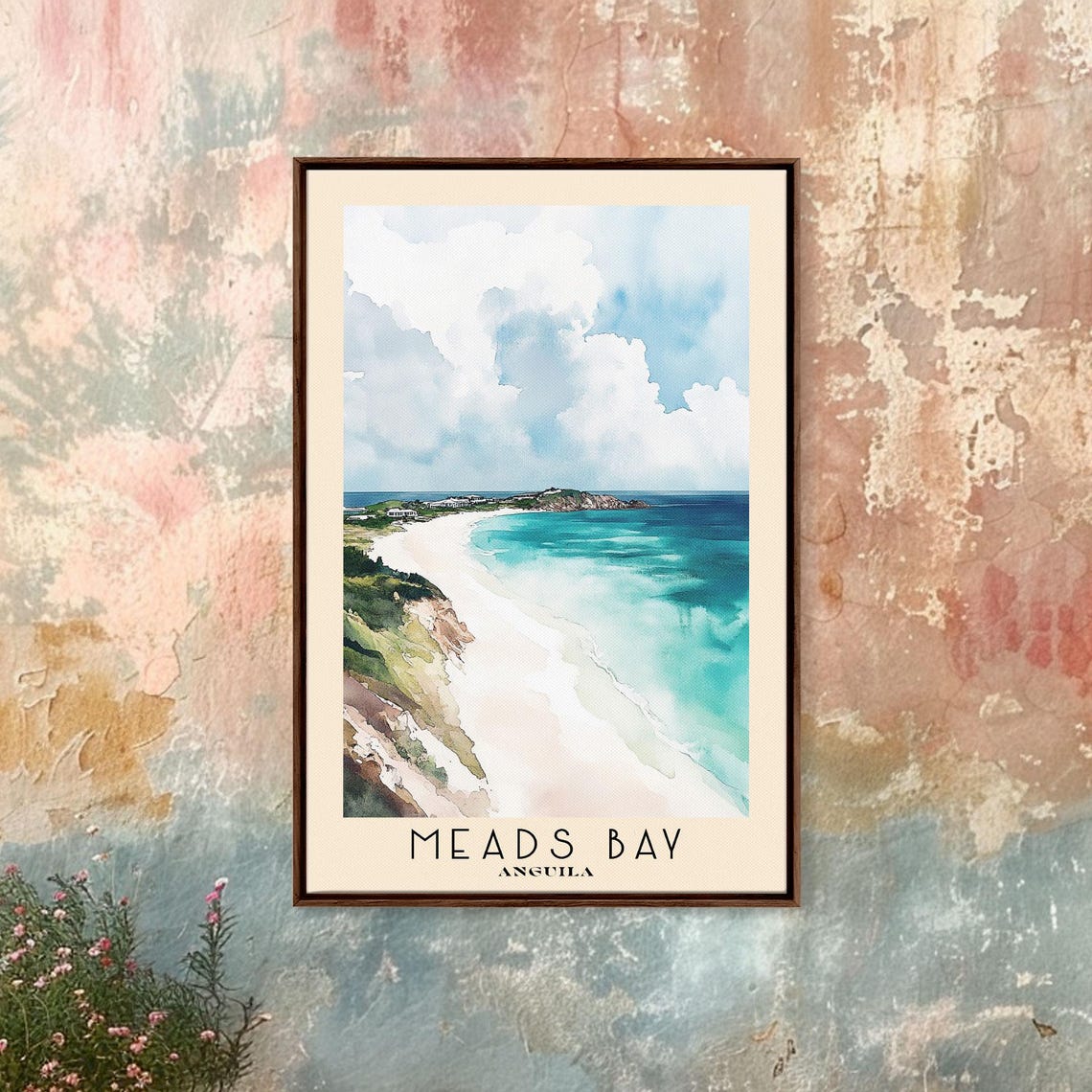 Meads Bay Anguilla Aerial Turquoise Bay White Sand Watercolor Poster