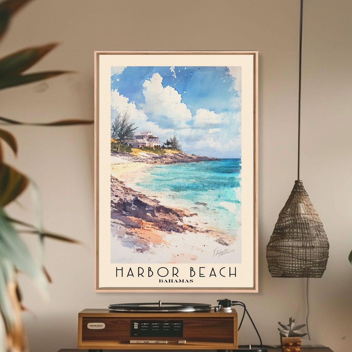 Harbor Beach Bahamas Cliffside House Turquoise Water Watercolor Poster