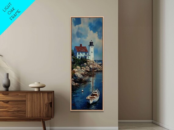 Lighthouse on Rocky Point Sailboat Harbor Blue Seascape Wall Art