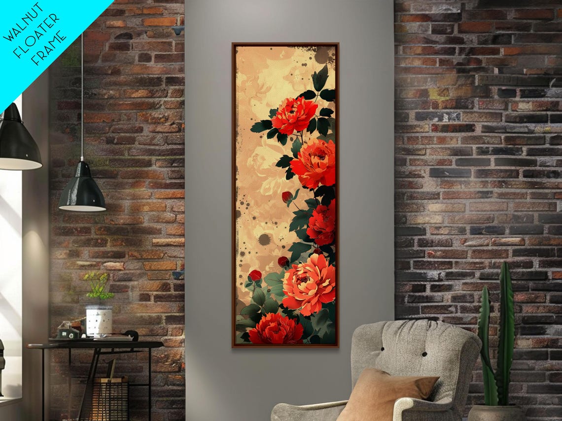 Vibrant Red Peonies Beige Background Tall Japanese Floral Art Poster - Image 2
