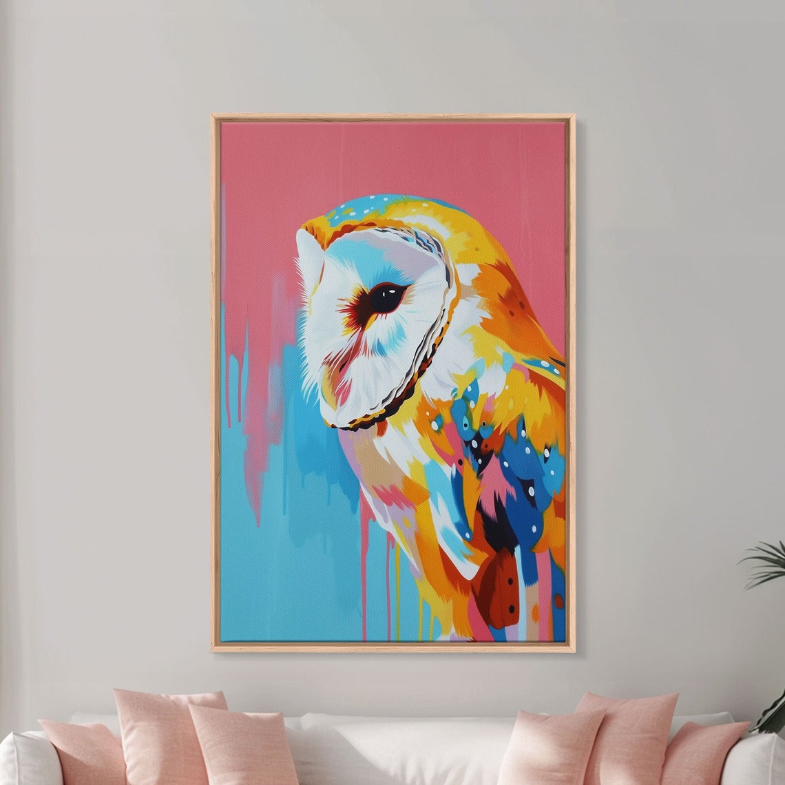Colorful Barn Owl Pop Art On Pink And Blue Background Bird Poster