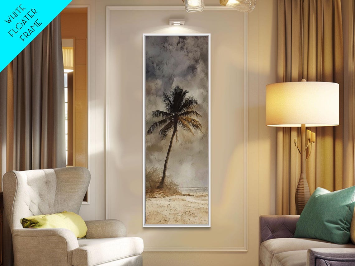 Framed Print Moody Palm Tree Painting Coastal Landscape Art Wabi Sabi Art Above Sofa Wall Decor Rustic Beach Scene Print - Image 4