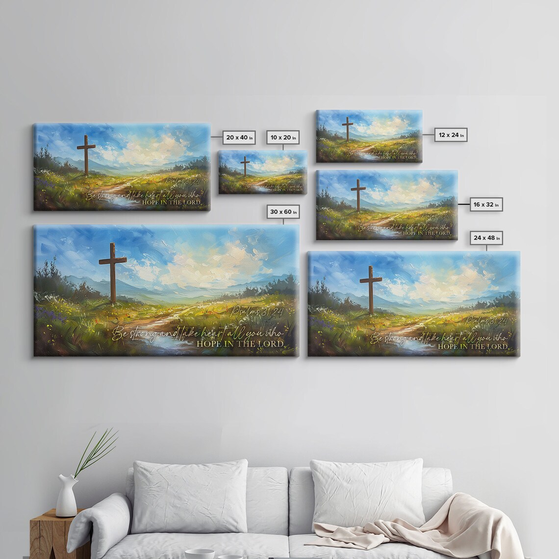 Psalms 31:24 Scripture Wall Art Be Strong Cross Meadow Christian Quote Poster - Image 2