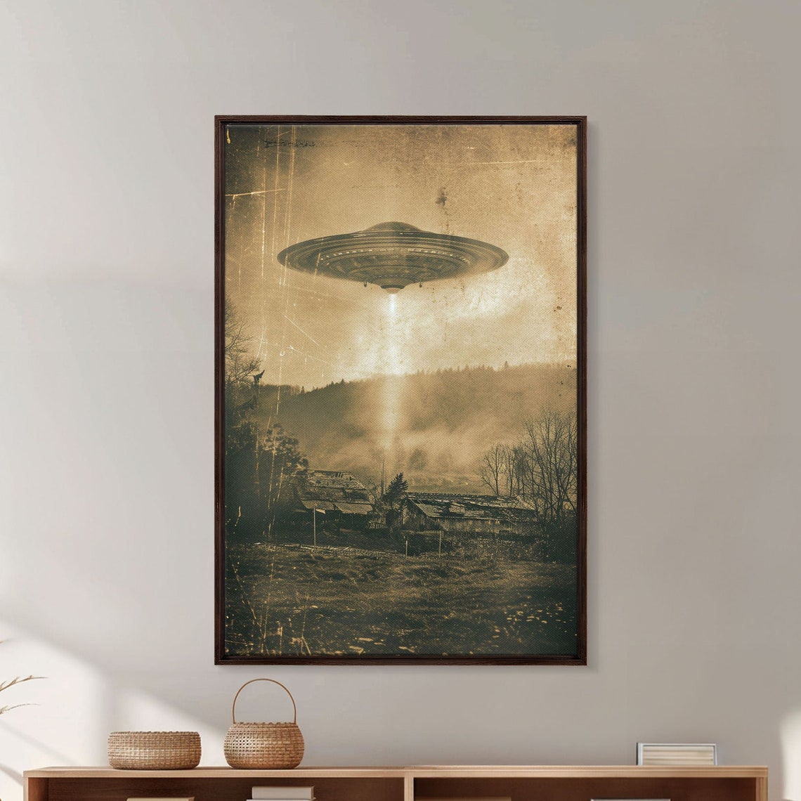 Distressed UFO Flying Saucer Over Farm Poster Vintage Sci Fi Wall - Image 4