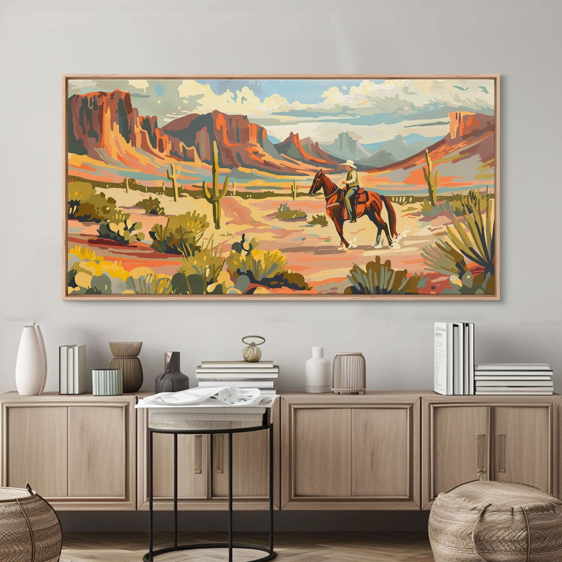 Cowboy Riding Through Red Rock Desert Canyon Saguaro Cactus Art Poster - Image 3