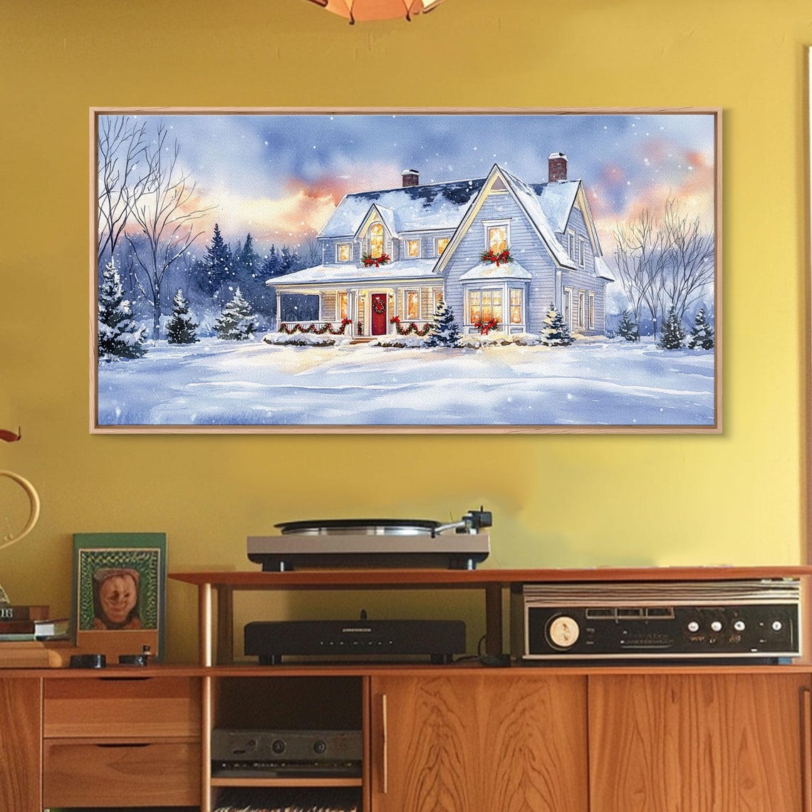 Cozy Winter Cottage Snow Christmas Lights Glowing Windows Art Print - Image 2