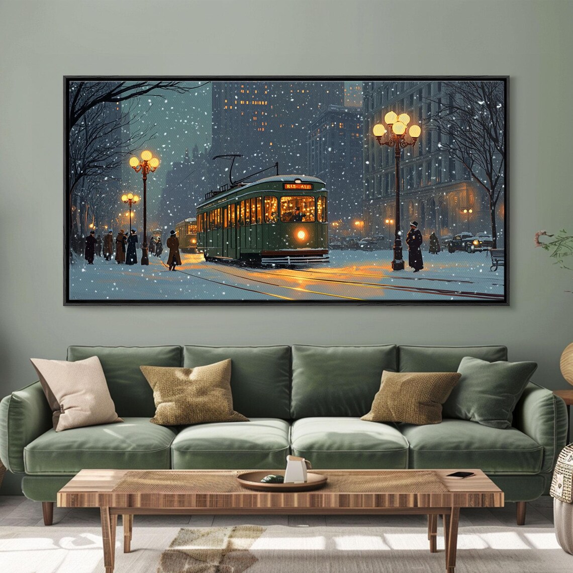 Vintage Christmas Street Scene Green Tram Snowy Night City Poster - Image 6