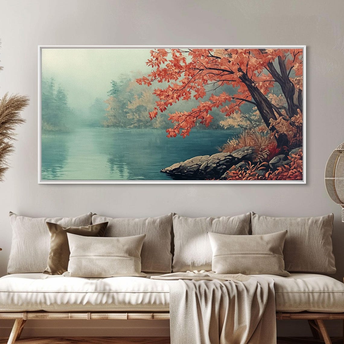 Misty Autumn Lake With A Red Maple Tree On The Rocky Shore Poster - Image 5