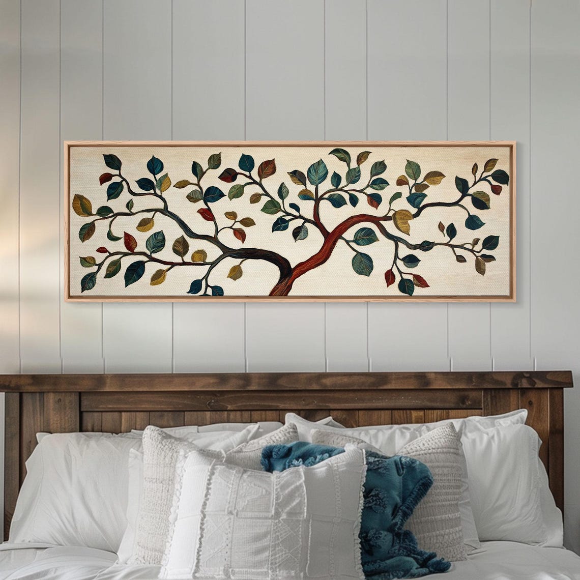 Boho Tree Branch Textile Style Colorful Leaves Panoramic Art Print - Image 2