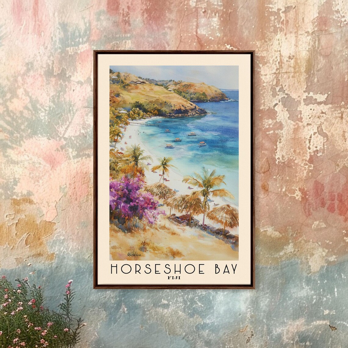 Horseshoe Bay Fiji Beach Palms Boats Bougainvillea Watercolor Poster - Image 4