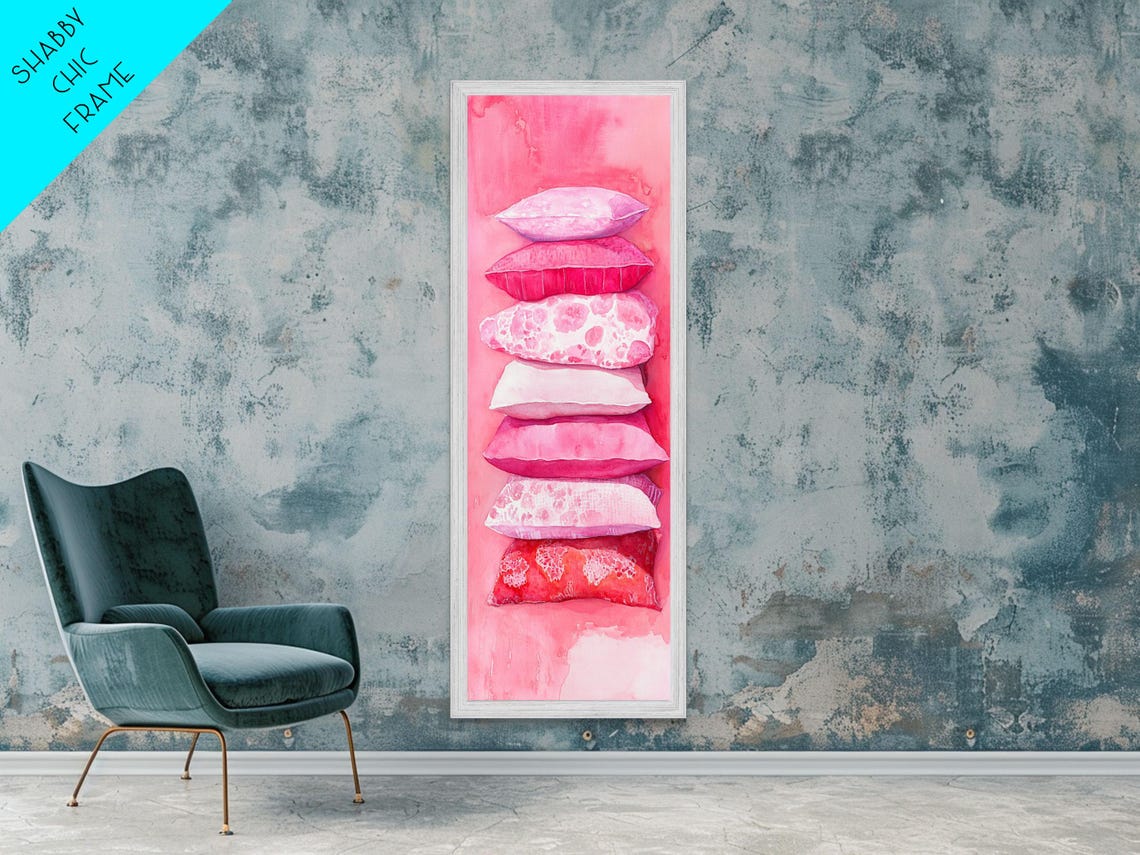 Pink Pillows Stack Watercolor Cozy Bedroom Tall Narrow Wall Art - Image 3
