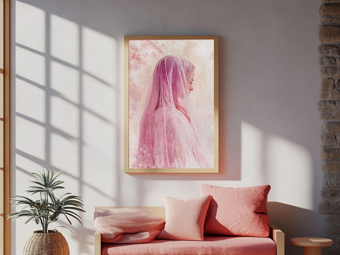 Woman In Flowing Pink Veil Watercolor Romantic Portrait Wall Art Print - Image 5
