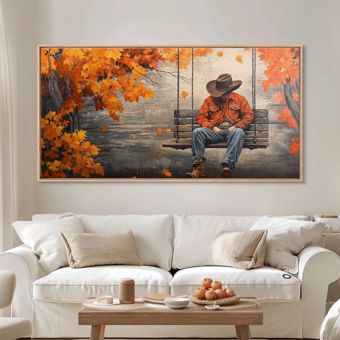 Cowboy Resting On A Porch Swing Beneath Autumn Trees Art Print - Image 3