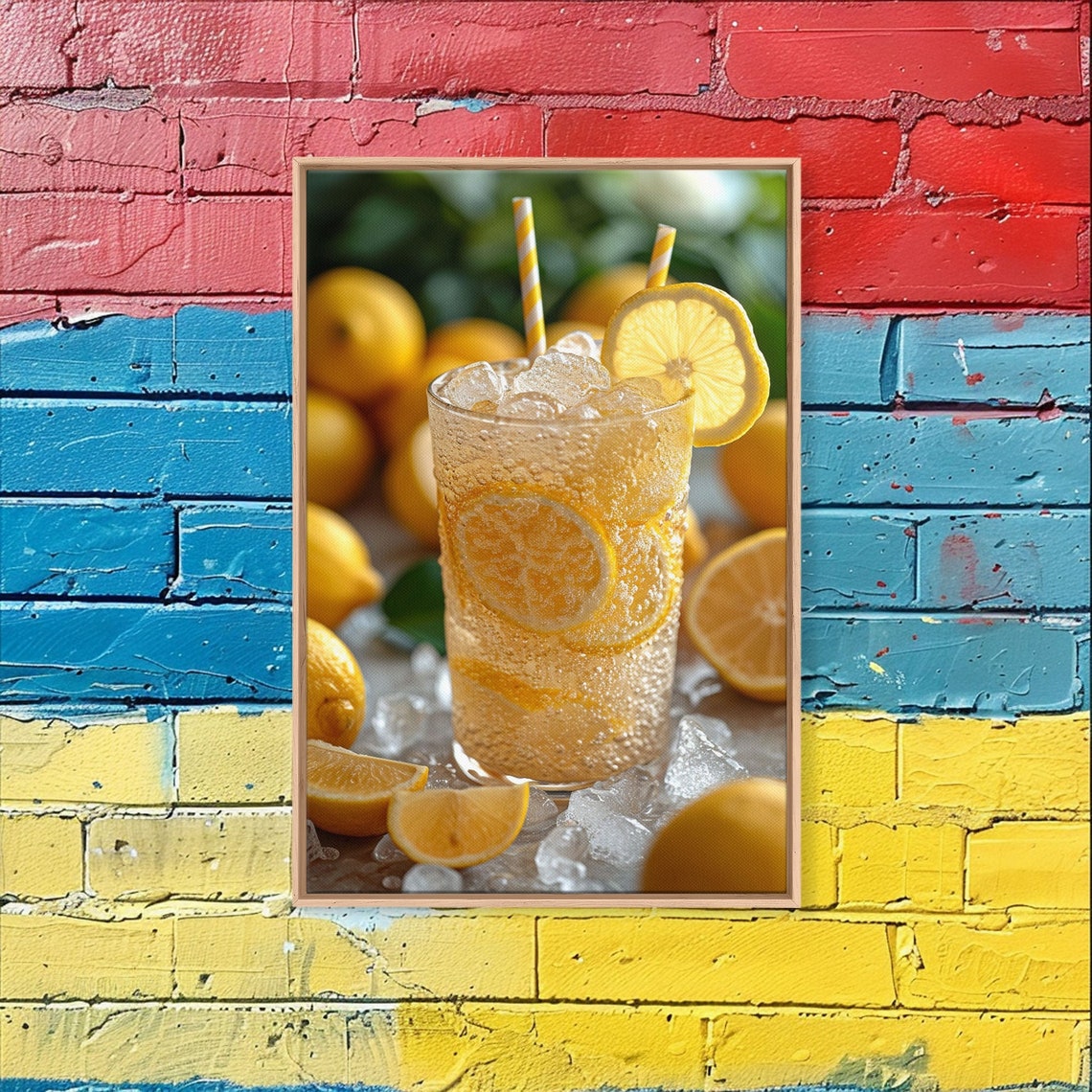 Sparkling Lemonade Glass Lemon Slices Striped Straws Wall Art - Image 5