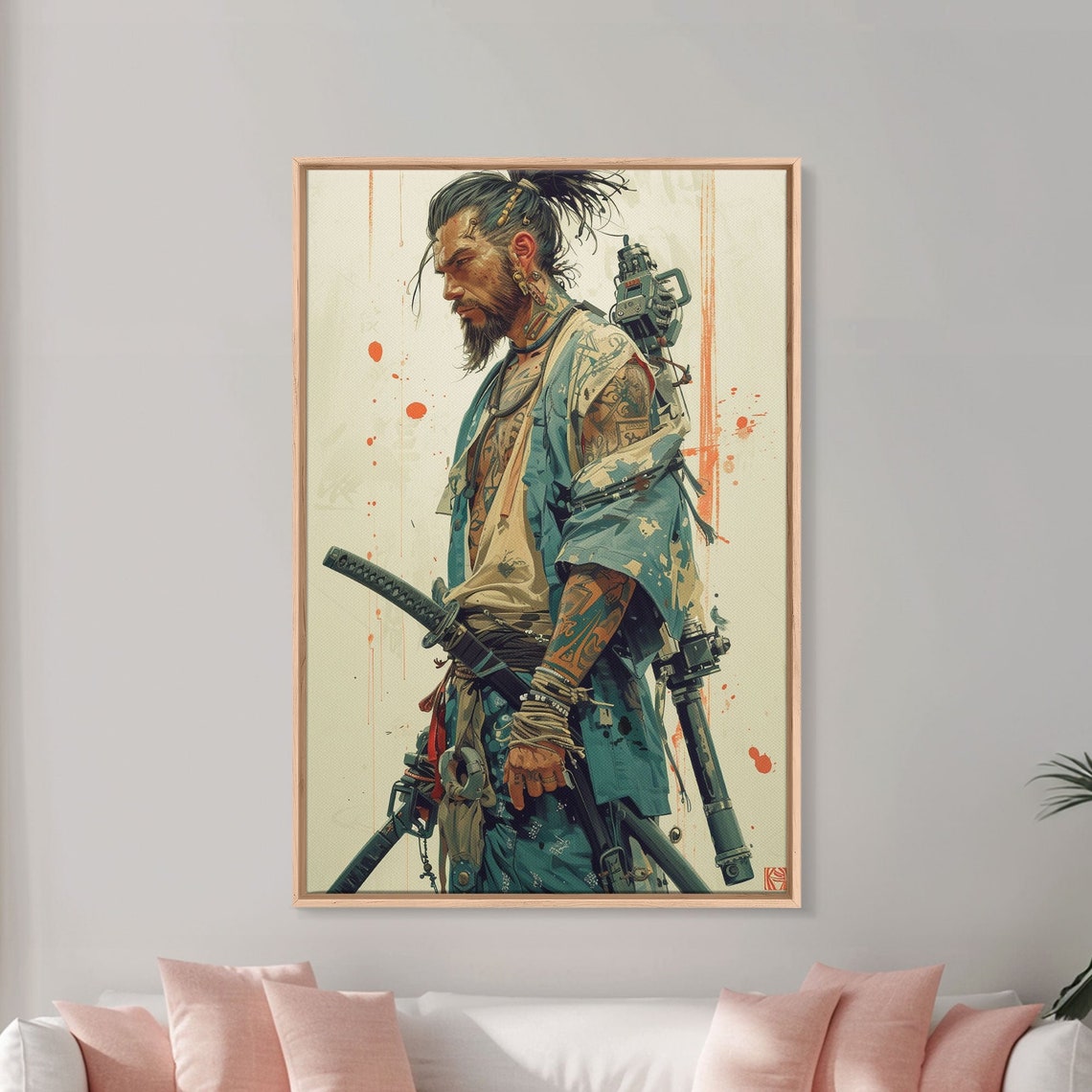 Tattooed Samurai Warrior Katana Ink Splash Japanese Art Print - Image 4