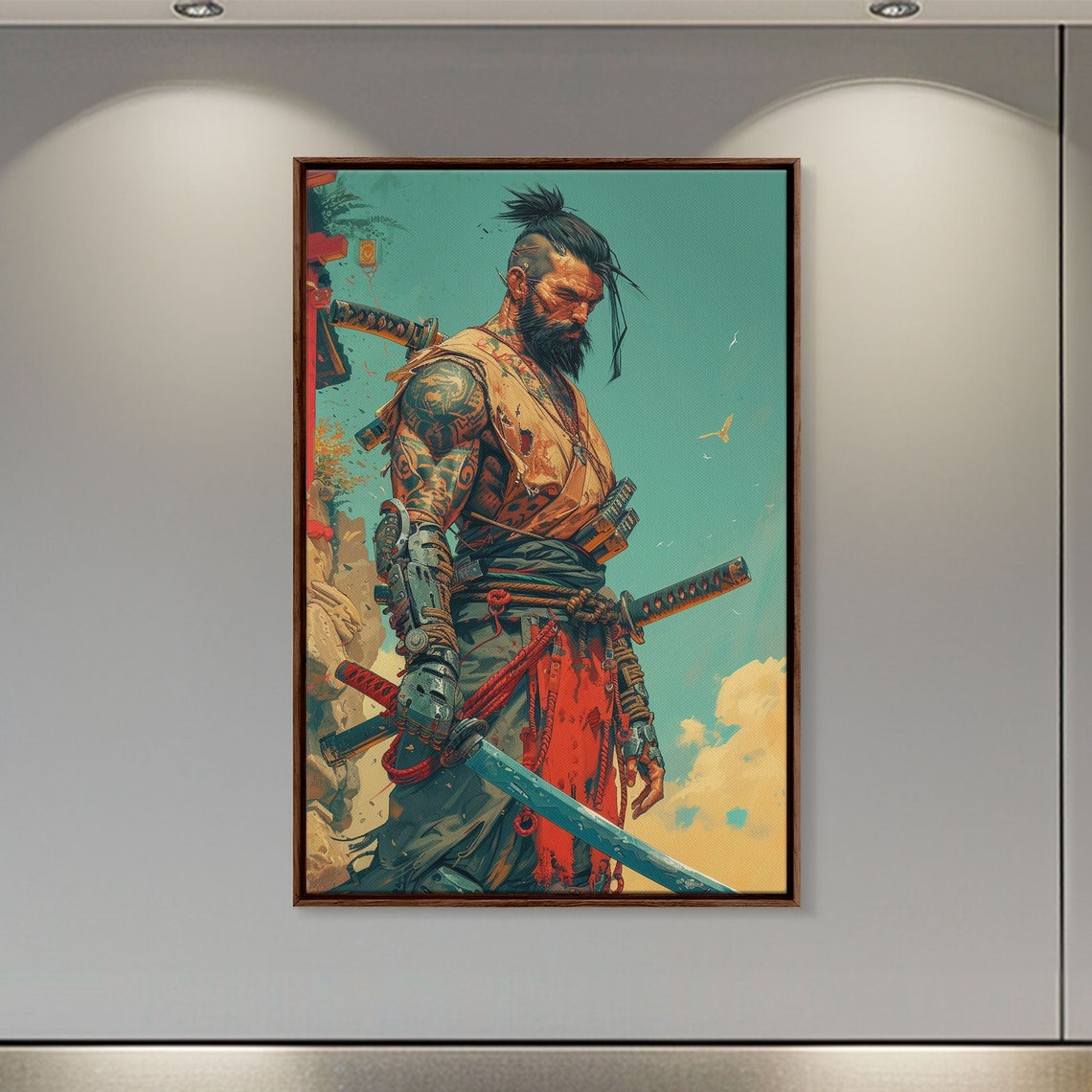 Tattooed Samurai Warrior Ink Punk Poster with Swords on Teal Art - Image 4