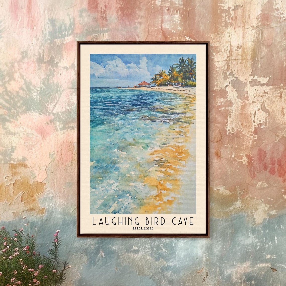 Laughing Bird Caye Belize Palm Lined Shore Beach Hut Watercolor Poster - Image 4