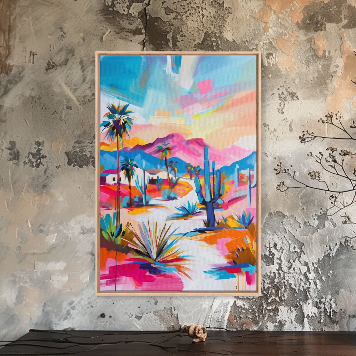 Desert Pathway Palms Cacti Mountains Colorful Southwest Art Poster - Image 3