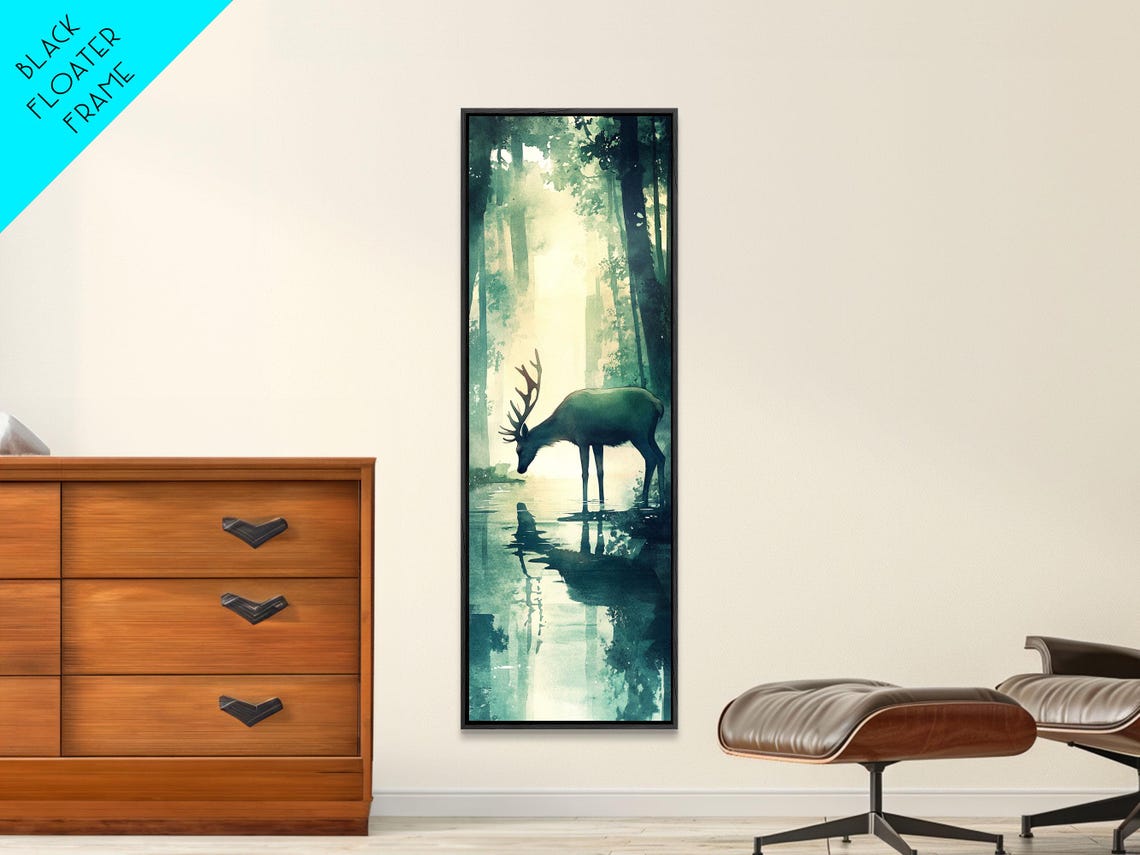 Serene Deer Drinking At Misty Forest Lake Green Reflection Art Poster - Image 2